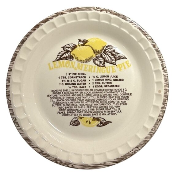 Lemon Meringue Pie Recipe Pie Dish Plate Ceramic USA Yellow Brown 11" - Picture 1 of 9